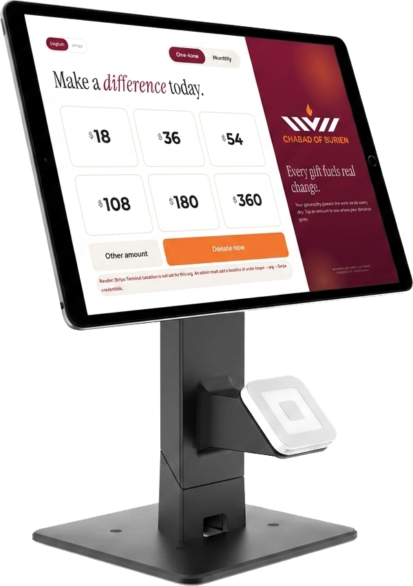 Pushko donation kiosk on a countertop stand with contactless card reader